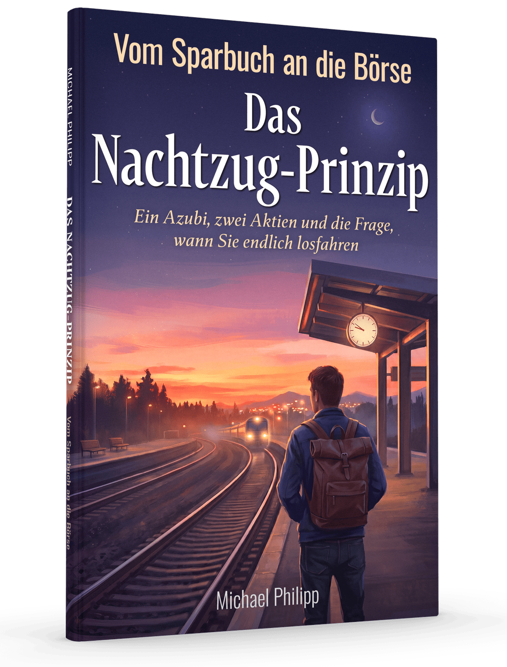 Buchcover: Das Nachtzug-Prinzip von Michael Philipp. Ein junger Mann mit Rucksack steht auf einem Bahnsteig, vor ihm fährt bei Sonnenuntergang ein Zug ein.